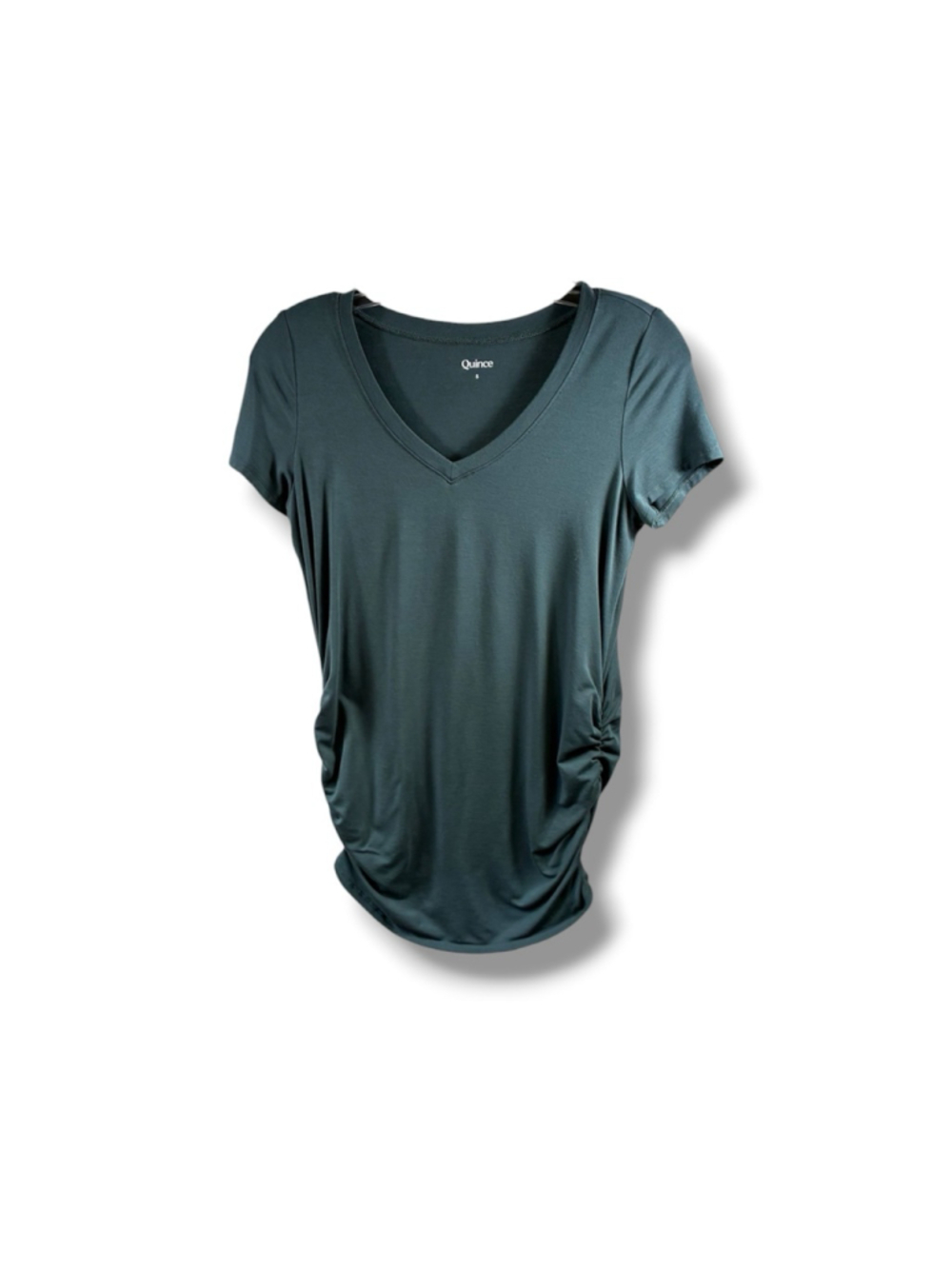 Quince Short Sleeve V-Neck Ruched T-Shirt in Dark Teal Size S